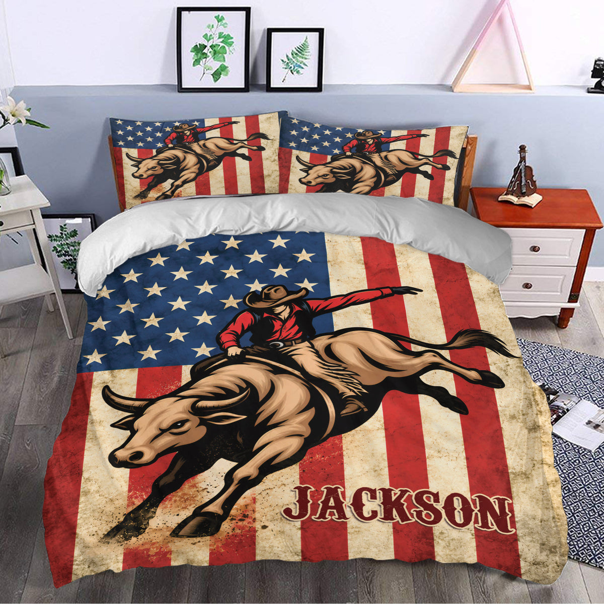 Rodeo duvet cover set styled in a bedroom with cowboy and bucking bull artwork in red, cream, and navy
