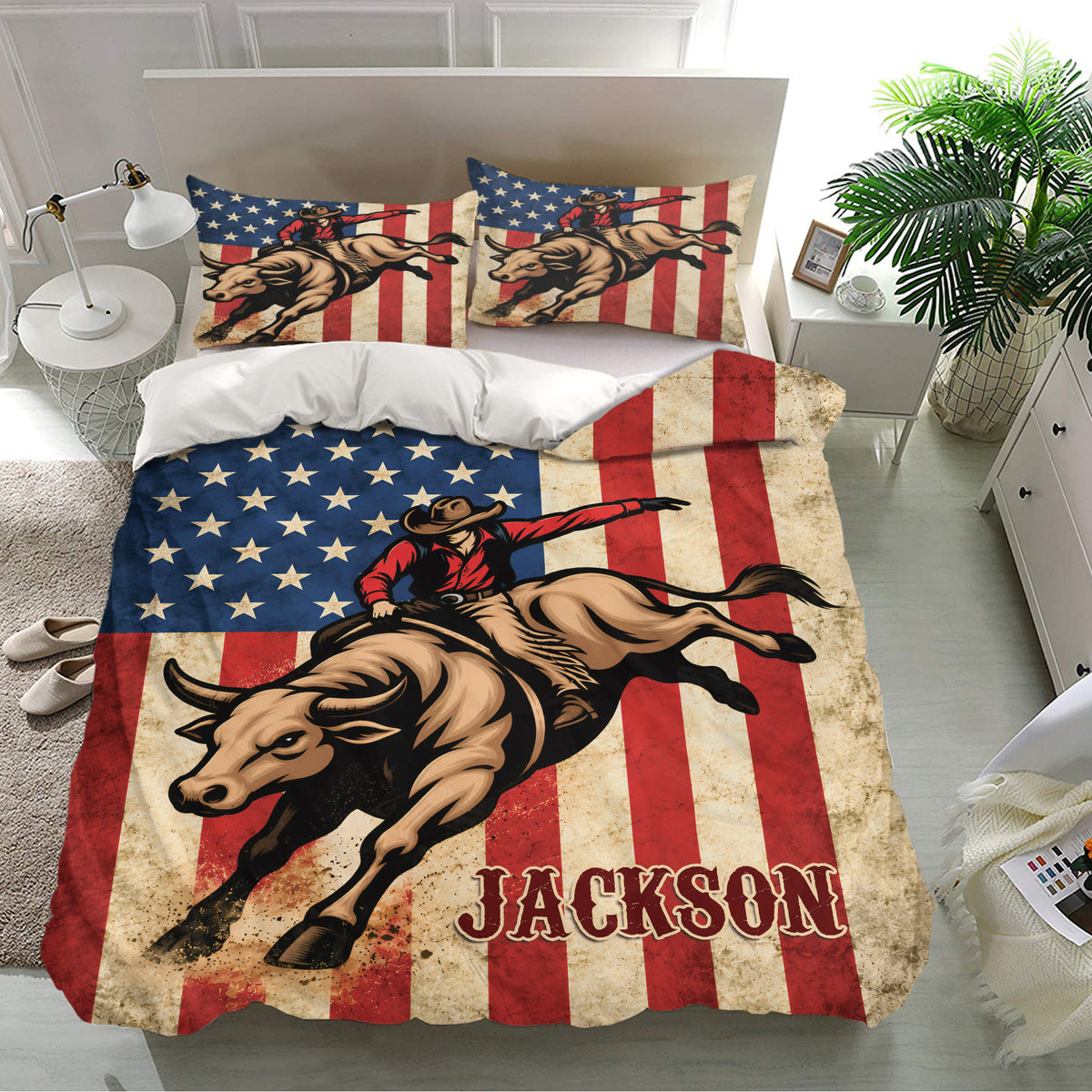 Western rodeo duvet cover set displayed in a bright bedroom with bull rider artwork and patriotic-inspired stripes