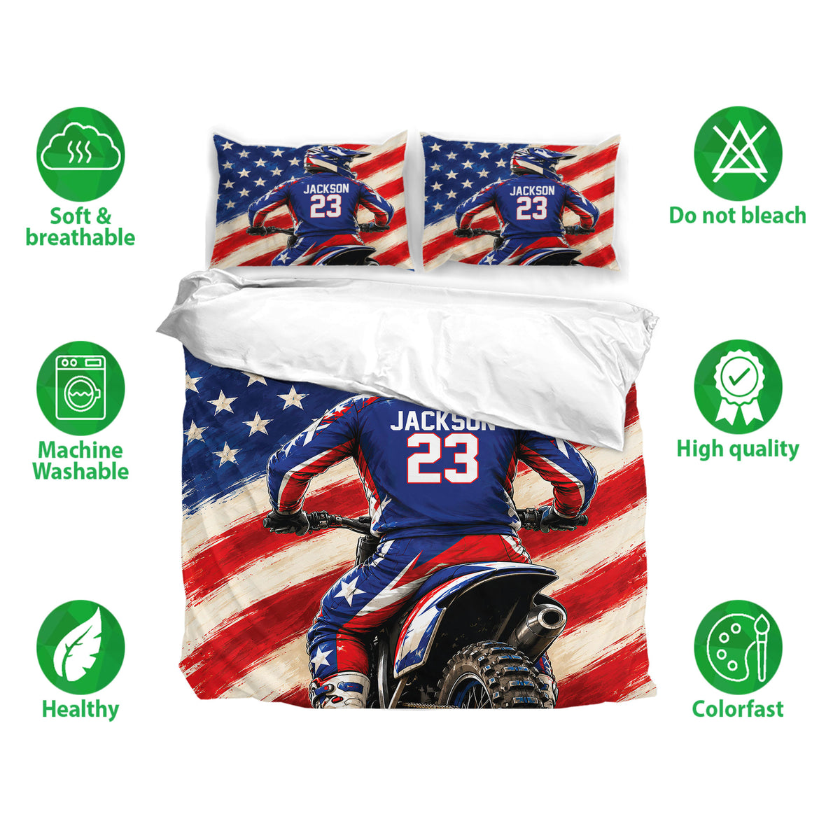 Motocross bedding set with rider artwork, star-spangled colors, breathable fabric, and care feature icons