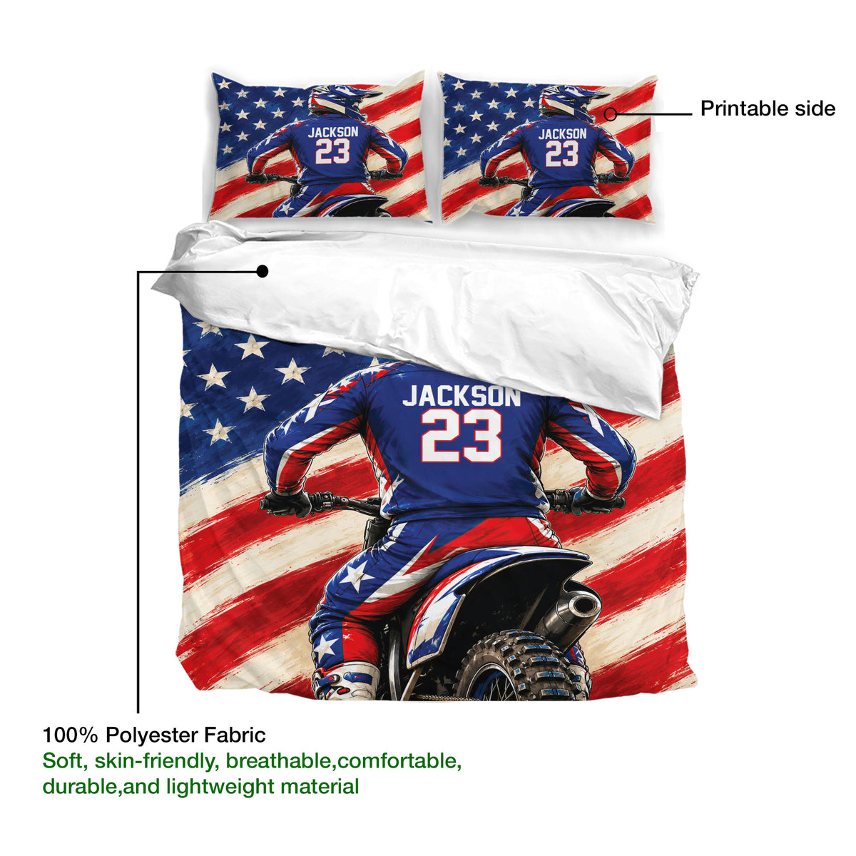 Motocross duvet cover set showing printable rider artwork on the front and soft polyester fabric detail
