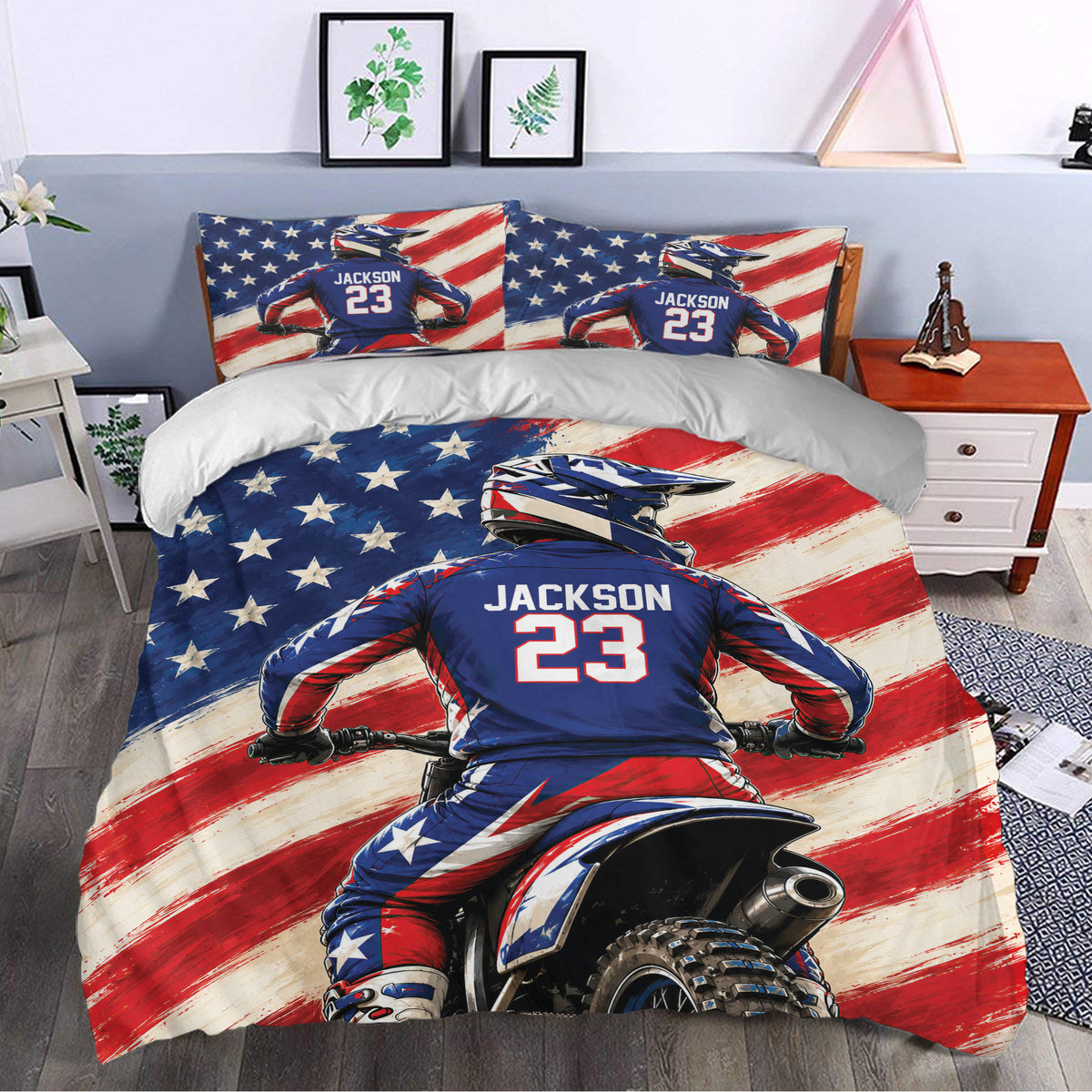 Motocross duvet cover bedding set styled in a bedroom with bold dirt bike rider artwork