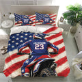 Motocross bedding set displayed in a modern bedroom with red, white, blue, and star-patterned rider artwork