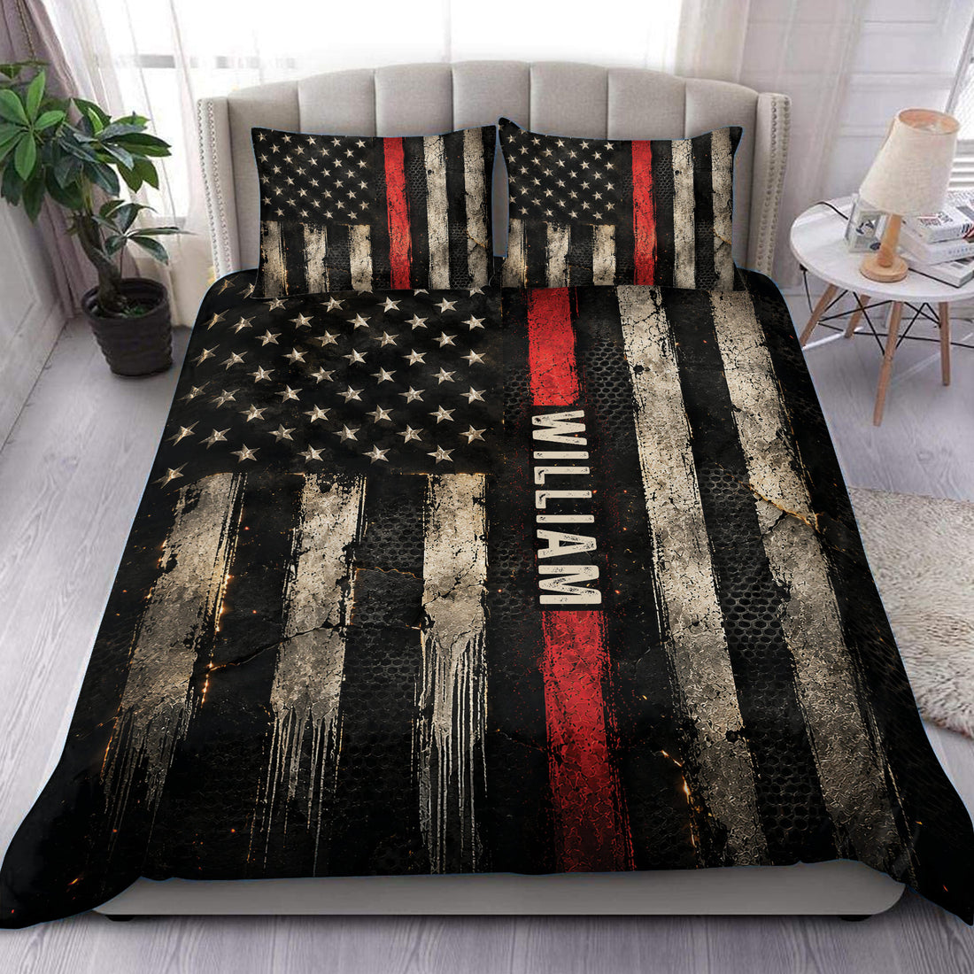 Firefighter duvet cover set styled on a bed with distressed black flag artwork, stars, and a bold red stripe