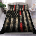 Firefighter duvet cover set styled on a bed with distressed black flag artwork, stars, and a bold red stripe