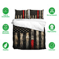 Firefighter bedding set displayed with matching pillowcases in black, red, and distressed ivory flag artwork