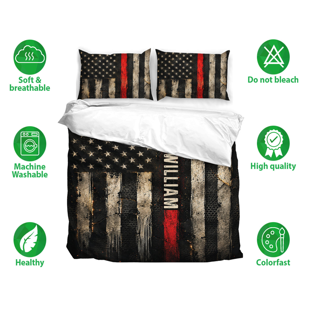 Firefighter bedding set displayed with matching pillowcases in black, red, and distressed ivory flag artwork