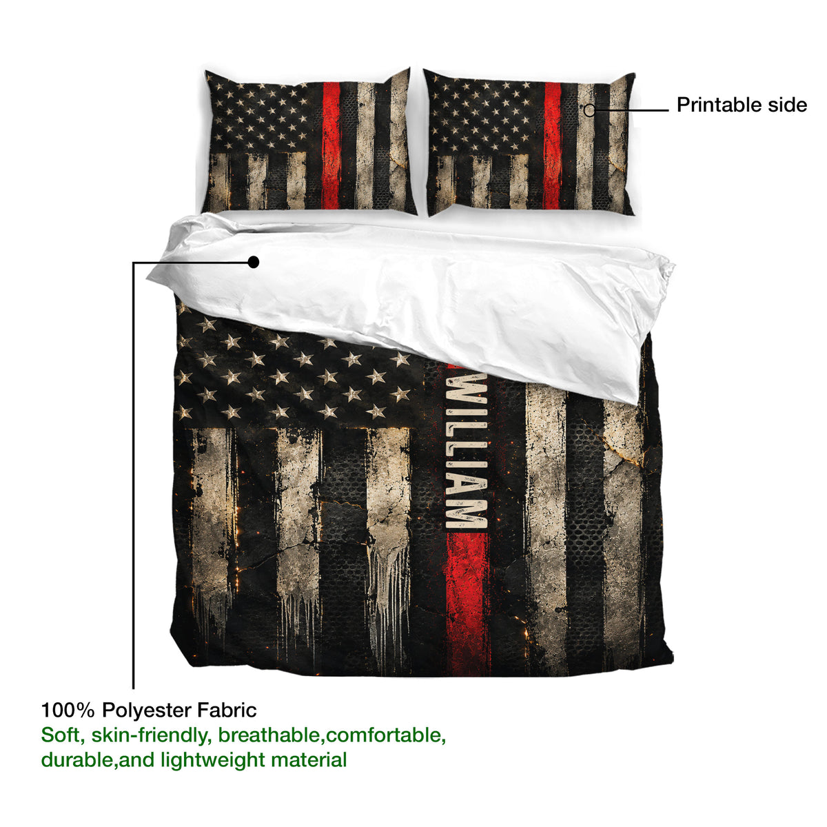 Firefighter duvet cover shown with a matching pillowcase and visible printable outer fabric design