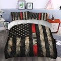 Firefighter bedding set in a modern bedroom featuring distressed flag stripes and star details