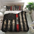Firefighter duvet cover set presented in a bright bedroom with black, ivory, red, and star accents