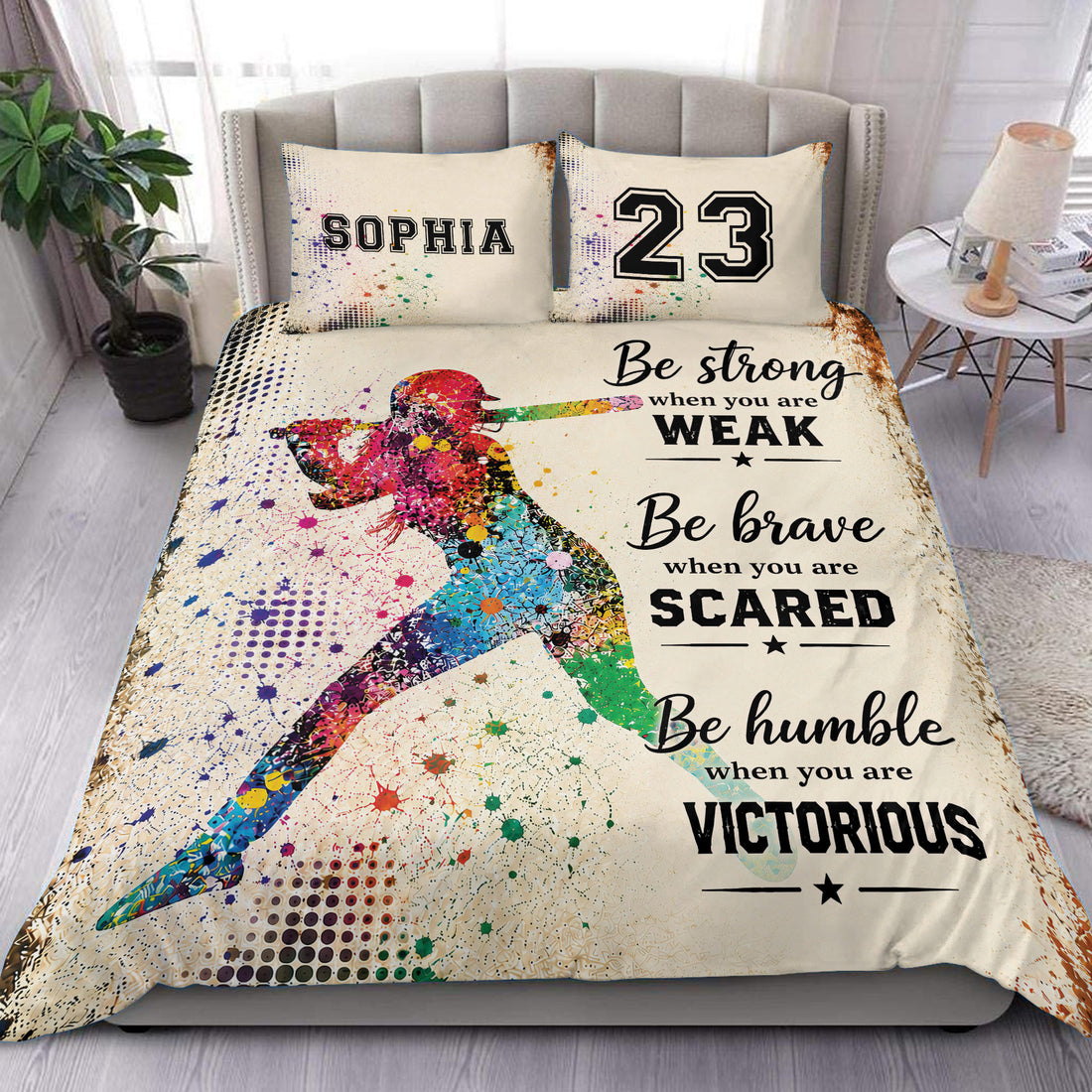 Colorful softball batter duvet cover bedding set styled on a modern bedroom bed