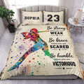 Colorful softball batter duvet cover bedding set styled on a modern bedroom bed