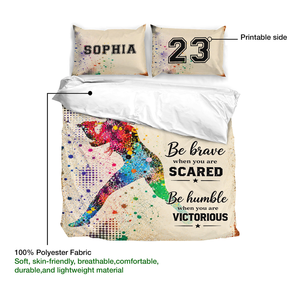 Softball bedding set detail showing the printed duvet cover and matching pillowcases