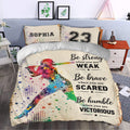 Colorful softball player duvet cover styled in a bright bedroom with motivational lettering