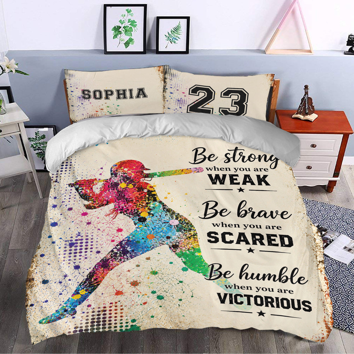 Colorful softball player duvet cover styled in a bright bedroom with motivational lettering