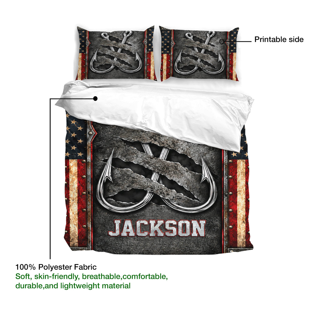 Fishing duvet cover set product guide showing the printable hook design and soft polyester fabric