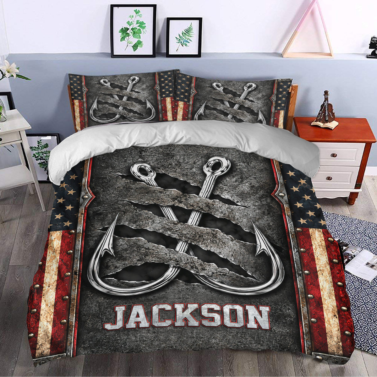 Fishing duvet cover bedding set styled in a bedroom with bold silver hooks, dark textures and red striped borders