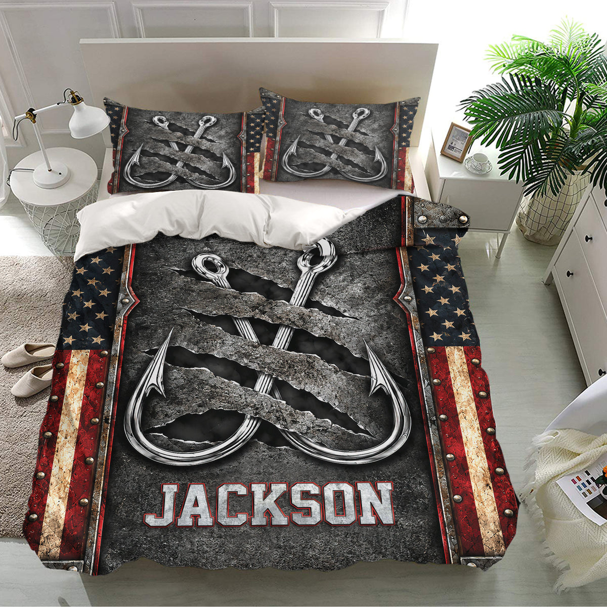 Fishing bedding set displayed in a bright bedroom with matching hook pillows and rugged angler artwork