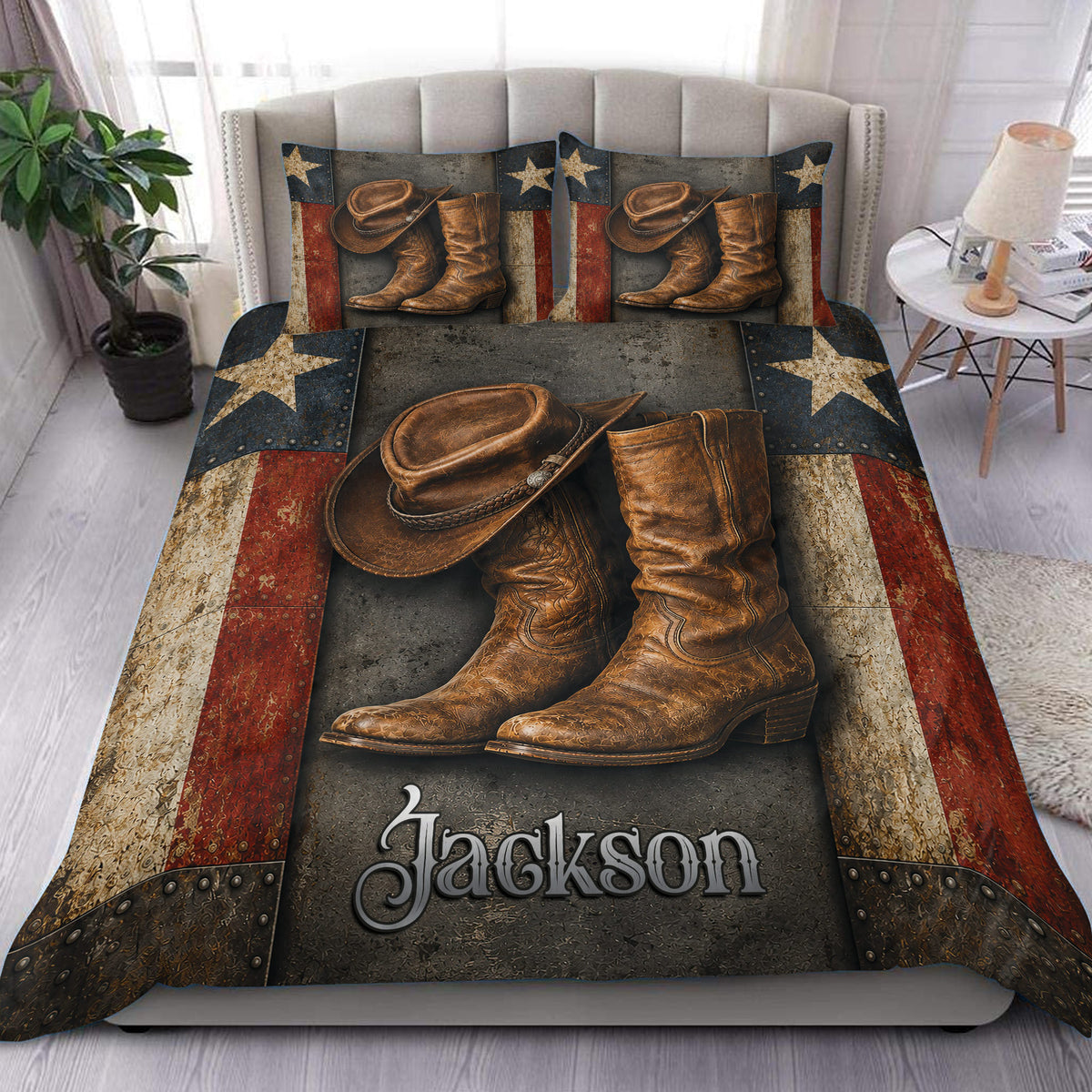 Cowboy duvet cover set featuring western hats, boots, stars, and rustic red, cream, and dark blue details