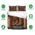 Cowboy bedding set displayed with matching pillowcases, soft breathable fabric, and rustic western artwork