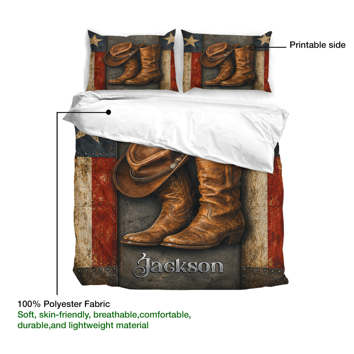Cowboy duvet cover set showing printed side, soft polyester fabric, and western hat and boot artwork