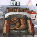 Cowboy duvet cover bedding styled in a bedroom with western boots, hats, stars, and rustic Americana colors