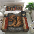 Rustic cowboy bedding set displayed on a modern bed with western boots, hats, stars, and vintage-inspired panels