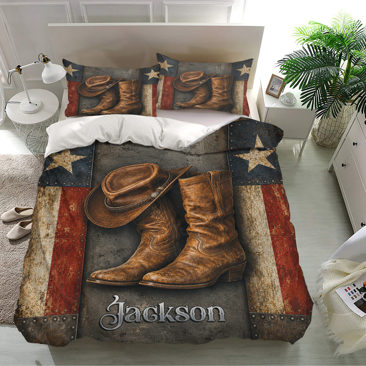 Rustic cowboy bedding set displayed on a modern bed with western boots, hats, stars, and vintage-inspired panels