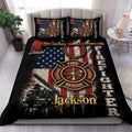 Custom firefighter duvet cover set with fire rescue emblem, fire truck, axe, and American flag artwork