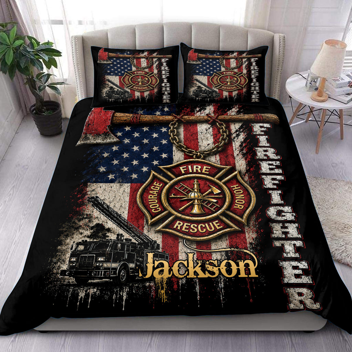 Custom firefighter duvet cover set with fire rescue emblem, fire truck, axe, and American flag artwork