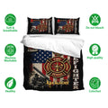 Firefighter bedding set displayed with matching pillowcases and bold red, white, blue, and black artwork