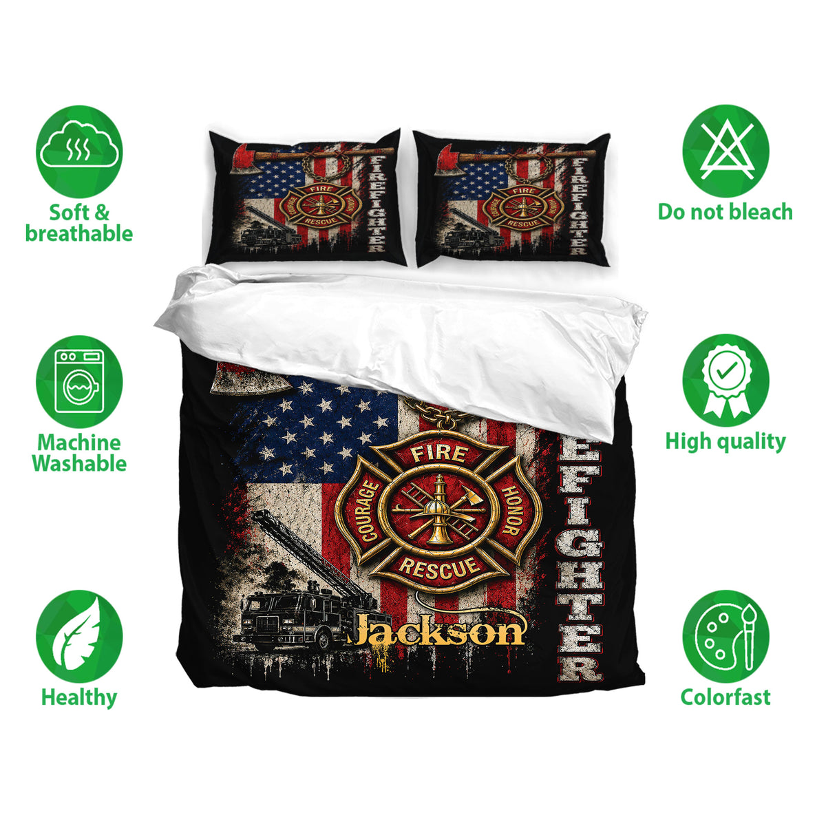 Firefighter bedding set displayed with matching pillowcases and bold red, white, blue, and black artwork