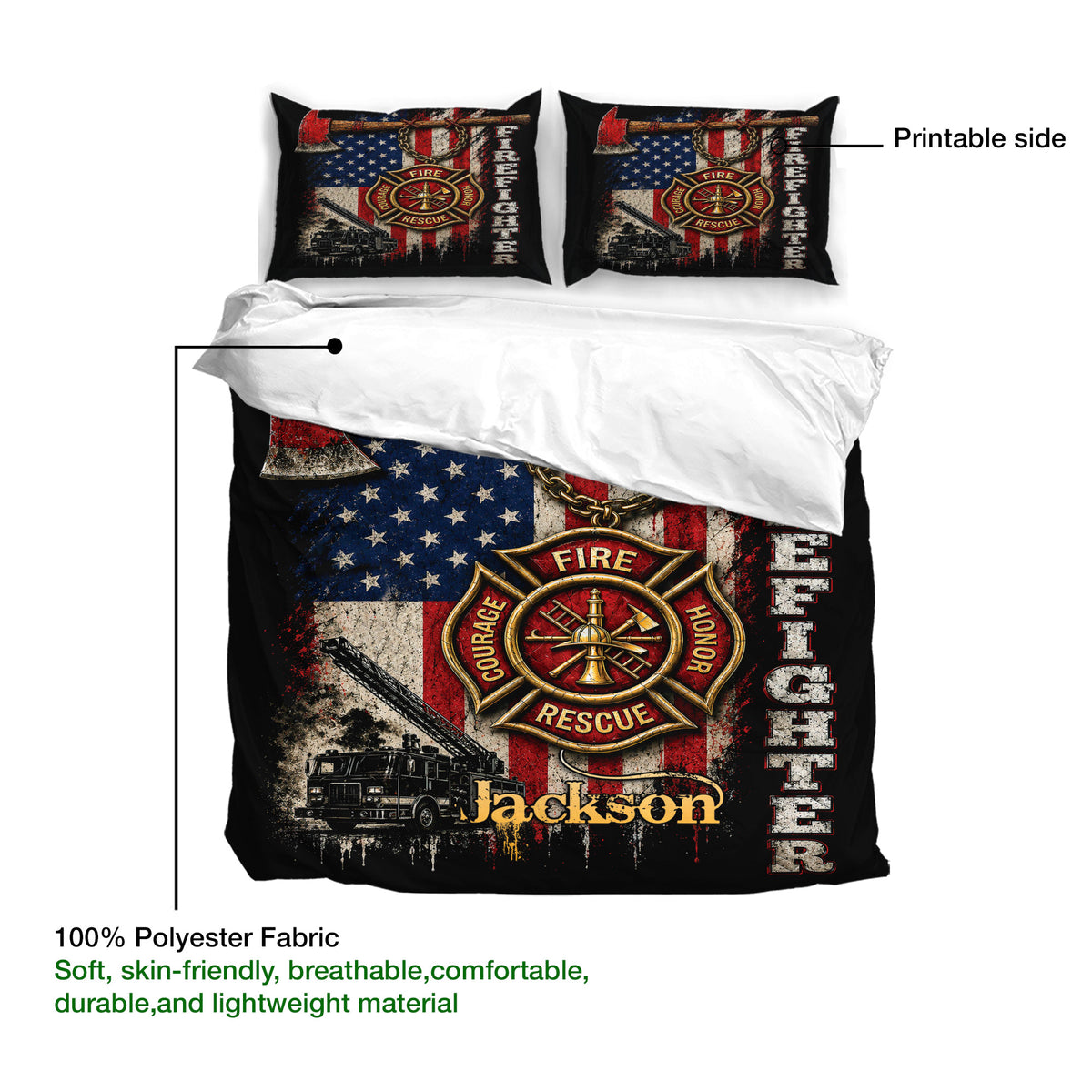 Firefighter duvet cover bedding set shown with printable design side and lightweight polyester fabric detail