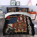 Firefighter duvet cover styled in a bedroom with fire rescue emblem, fire truck, axe, and bold flag graphics