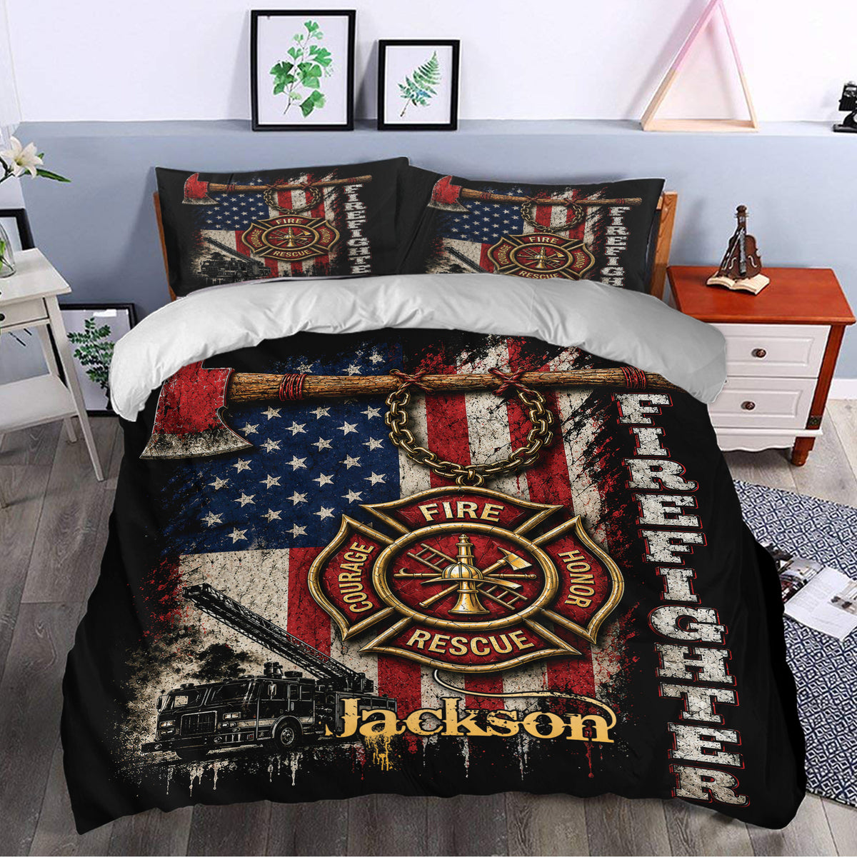 Firefighter duvet cover styled in a bedroom with fire rescue emblem, fire truck, axe, and bold flag graphics