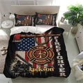 Firefighter bedding set displayed on a modern bed with matching pillowcases and dramatic rescue service artwork