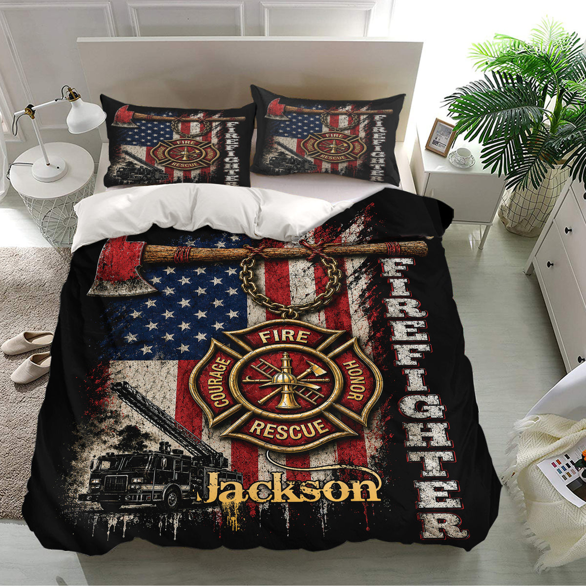Firefighter bedding set displayed on a modern bed with matching pillowcases and dramatic rescue service artwork