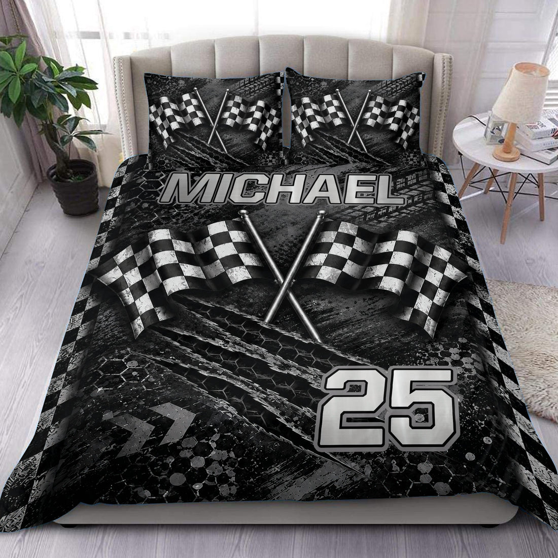 Black racing duvet cover set with crossed checkered flags, bold custom lettering, and a large racing number