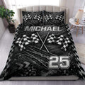 Black racing duvet cover set with crossed checkered flags, bold custom lettering, and a large racing number