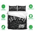 Racing duvet cover bedding set displayed with matching pillowcases, checkered flags, and black monochrome artwork
