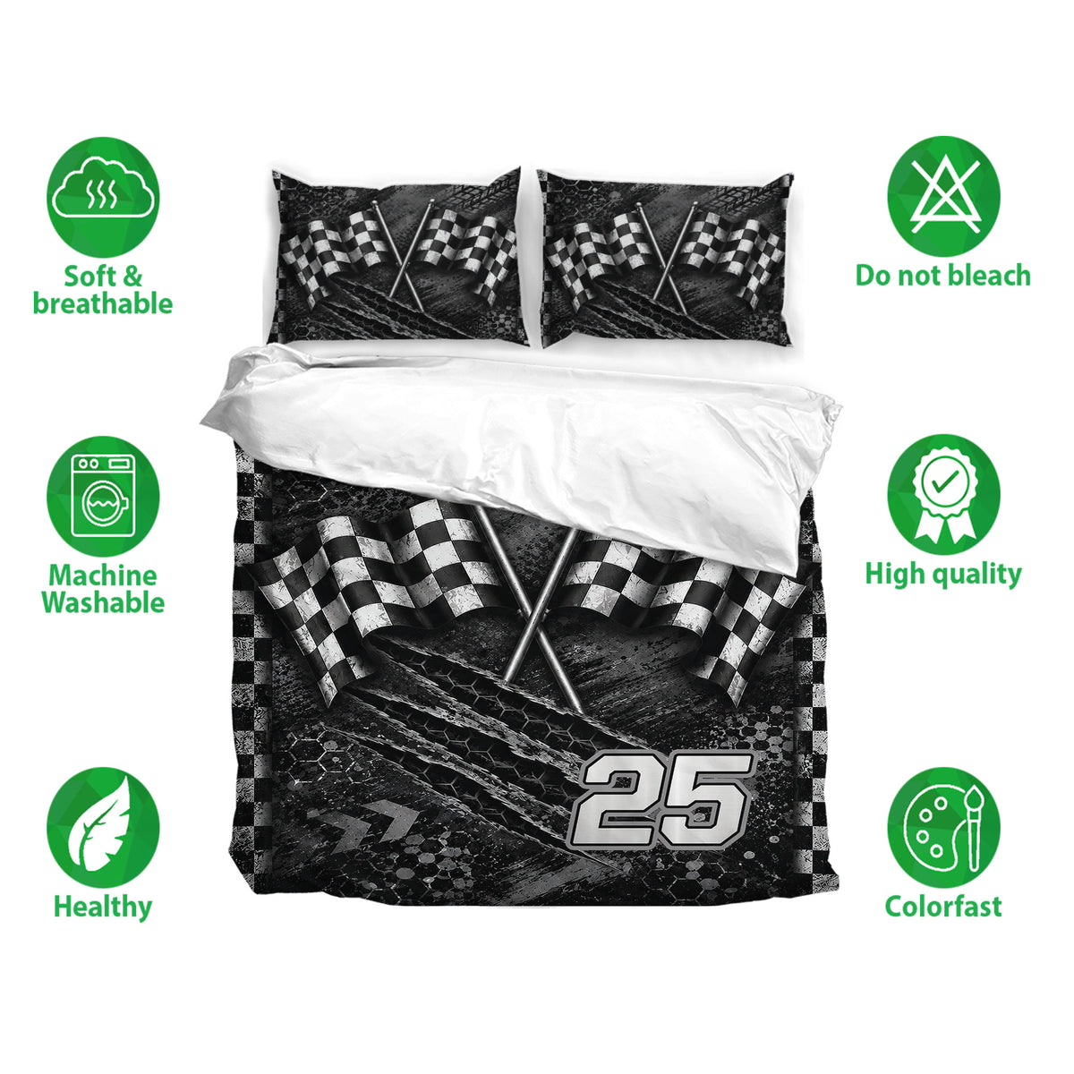 Racing duvet cover bedding set displayed with matching pillowcases, checkered flags, and black monochrome artwork