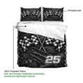 Racing bedding set showing the printable side with crossed flags, textured black artwork, and bold number design