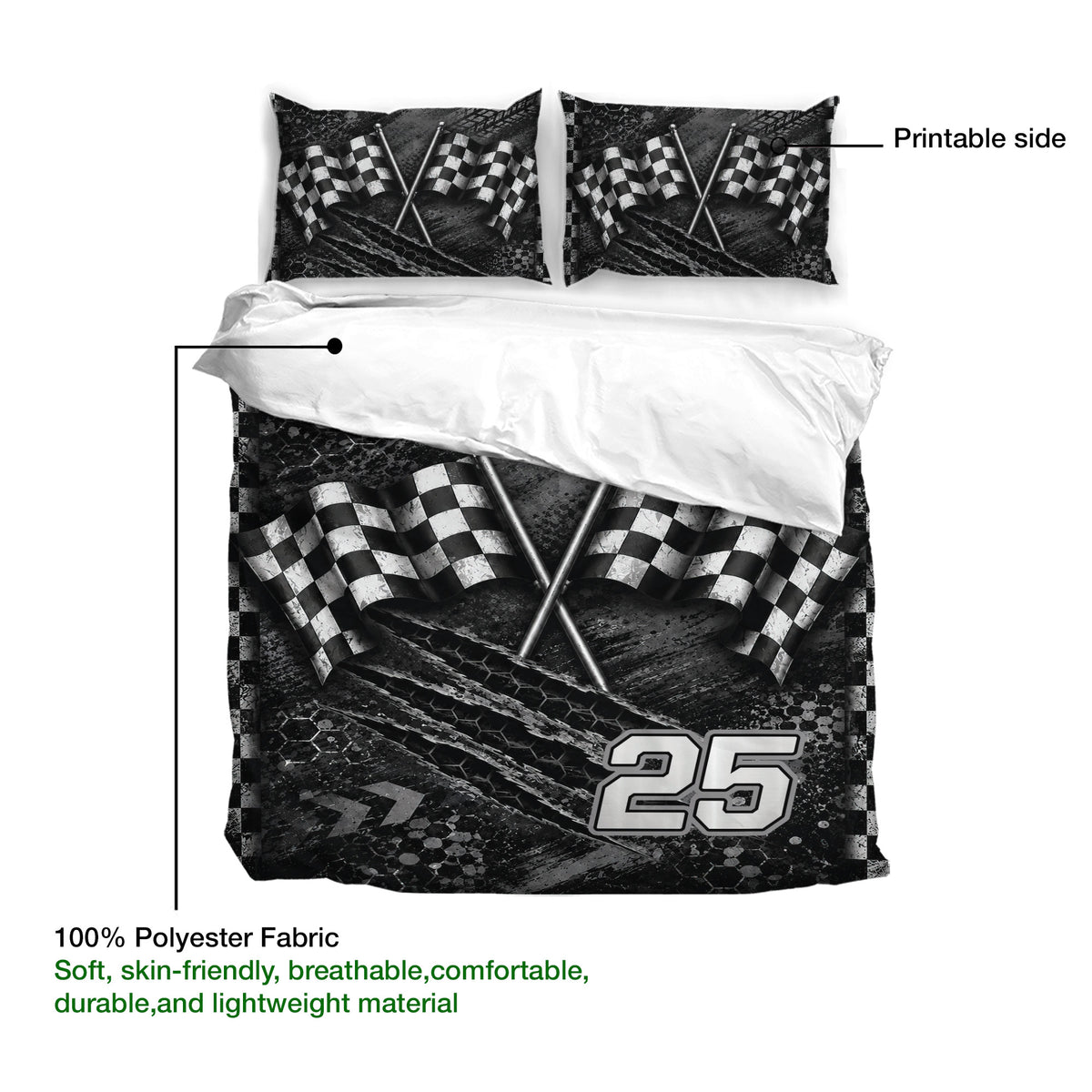 Racing bedding set showing the printable side with crossed flags, textured black artwork, and bold number design