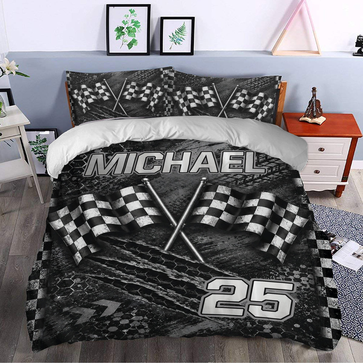Black racing duvet cover styled in a bedroom with checkered flags, crossed rods, and custom racing artwork