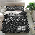 Motorsport duvet cover set presented in a modern bedroom with matching racing pillowcases and checkered flag graphics