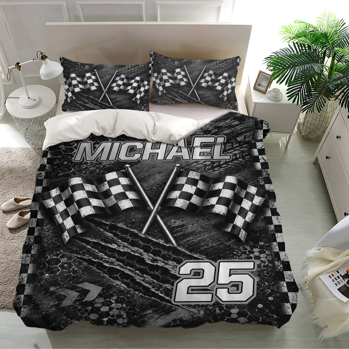 Motorsport duvet cover set presented in a modern bedroom with matching racing pillowcases and checkered flag graphics