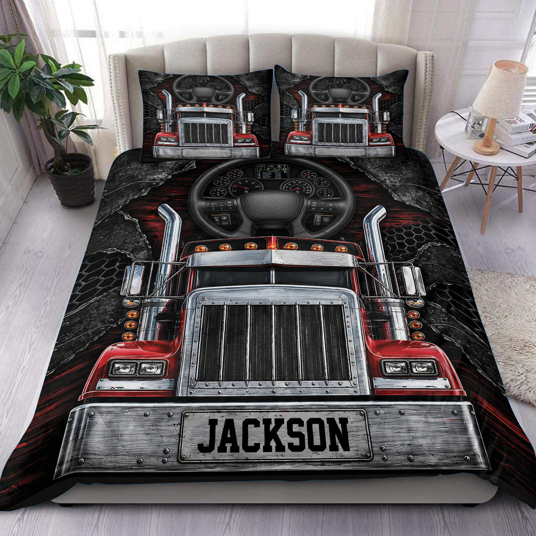 Trucker duvet cover set featuring a bold red semi truck front with chrome details on black bedding