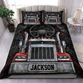 Trucker duvet cover set featuring a bold red semi truck front with chrome details on black bedding