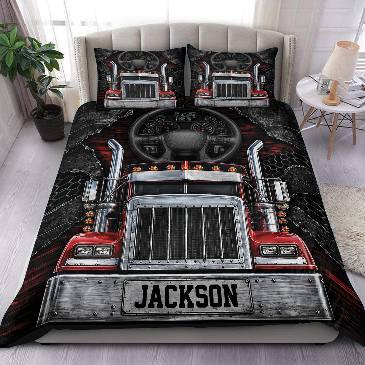 Trucker duvet cover set featuring a bold red semi truck front with chrome details on black bedding