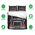 Trucker bedding set displayed with a red semi truck design, matching pillowcases, and feature icons