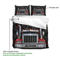 Trucker duvet cover bedding set showing the printable side, red semi truck artwork, and fabric detail